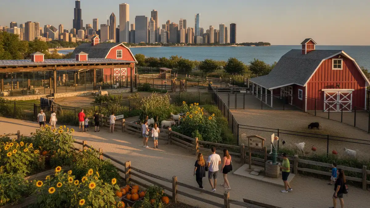 Farm-in-the-Zoo red barn with families and farm animals at Lincoln Park Zoo Chicago