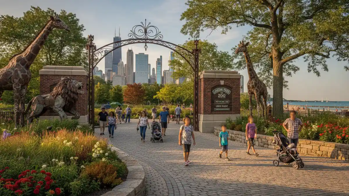 Lincoln Park Zoo main entrance gate with families entering on Clark Street Chicago Illinois