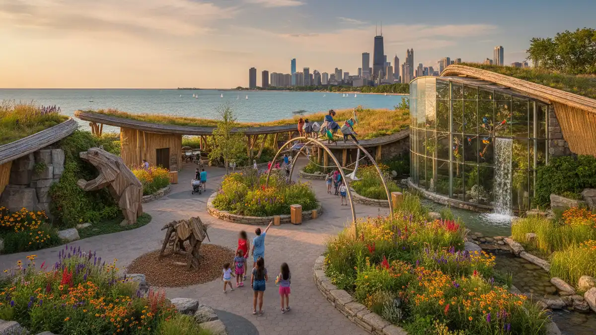 Nature Boardwalk pathway around South Pond with Chicago skyline at Lincoln Park Zoo