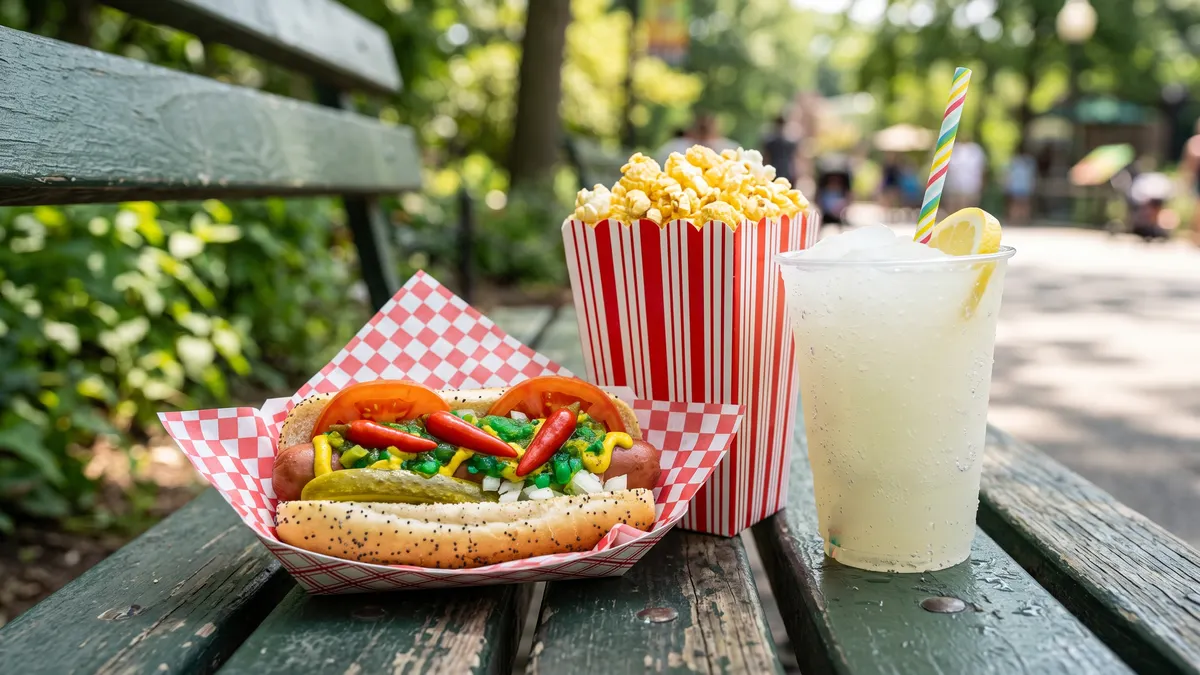 Chicago-style hot dog and frozen lemonade at a food stand in Lincoln Park Zoo