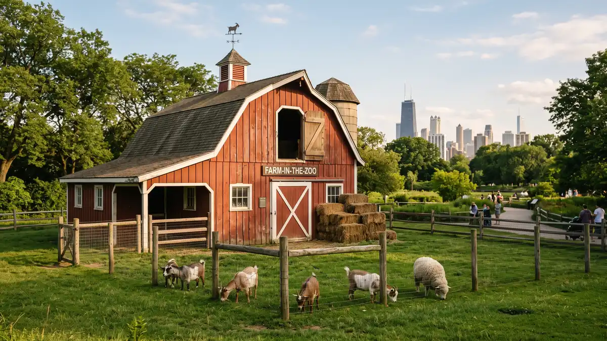 Farm-in-the-Zoo barn with families watching farm animals at Lincoln Park Zoo Chicago