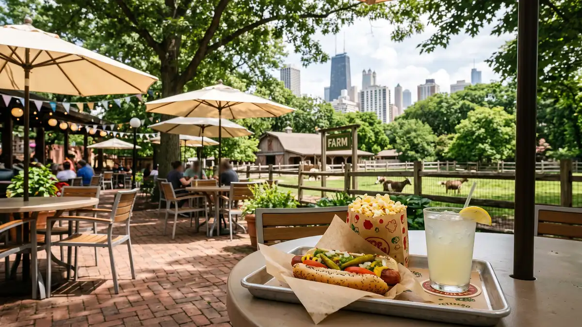 Outdoor dining area with families eating under shaded tables at Lincoln Park Zoo Chicago with city views