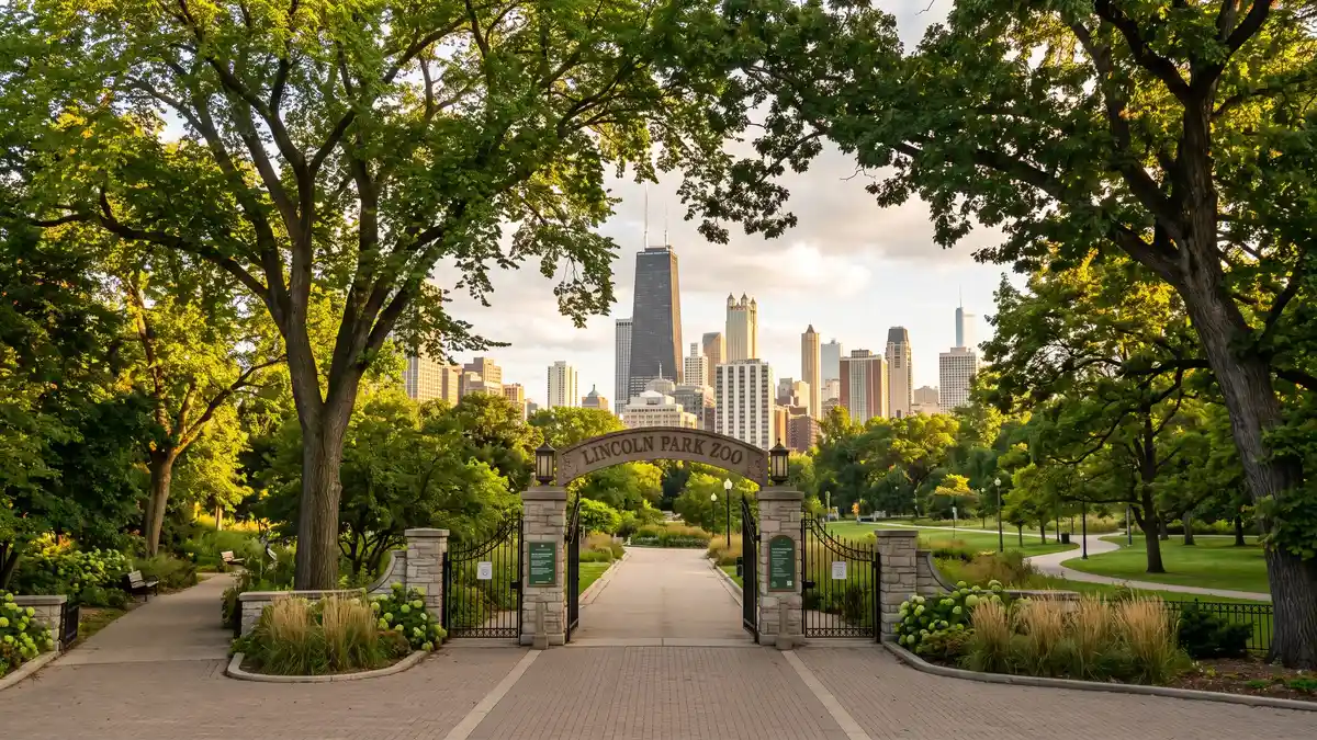 Lincoln Park Zoo entrance with Chicago skyline and Lake Michigan visible through trees on a sunny family day