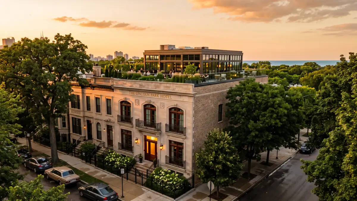 Luxury hotel exterior with Lake Michigan views near Lincoln Park Zoo in Chicago Illinois