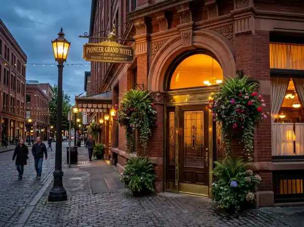 Boutique hotel entrance in Seattle Pioneer Square neighborhood at dusk