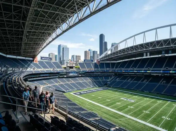 Inside Lumen Field during a stadium tour showing the bowl and Seattle skyline