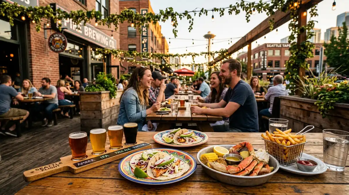 Seattle dining scene with craft beer, seafood, and Pacific Northwest cuisine on a restaurant patio