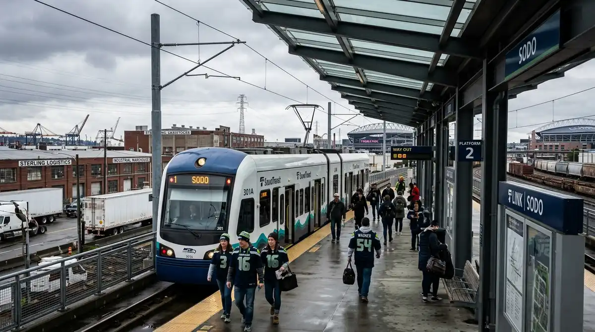 Seattle light rail station and transit scene near the stadium district in SoDo