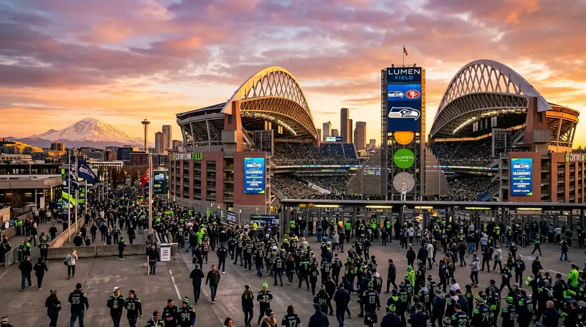 Lumen Field in Seattle at golden hour with its distinctive sloped roof canopy and fans walking toward the venue with Mount Rainier in the background