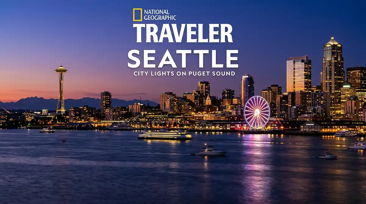 Seattle skyline at dusk with hotel buildings illuminated, Space Needle visible, and waterfront lights reflecting on Puget Sound