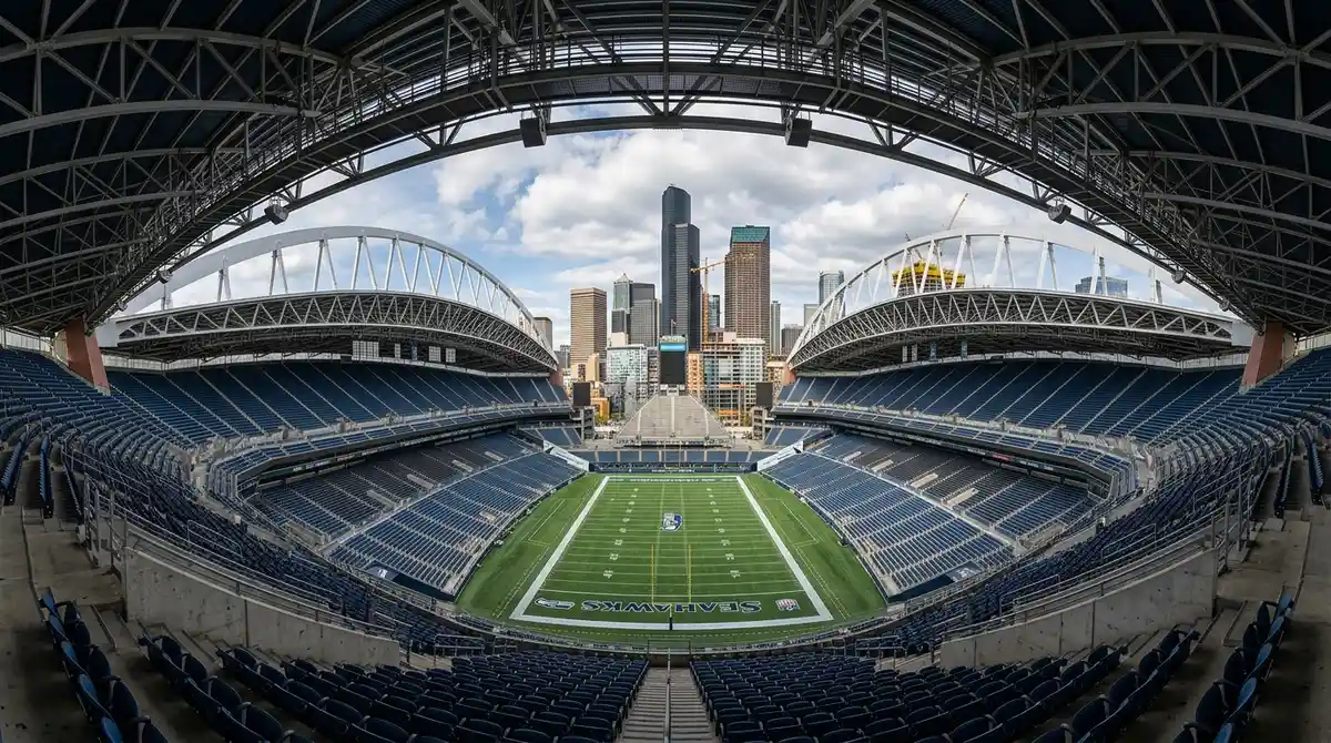 Inside Lumen Field showing the full stadium bowl from upper deck with downtown Seattle skyline beyond