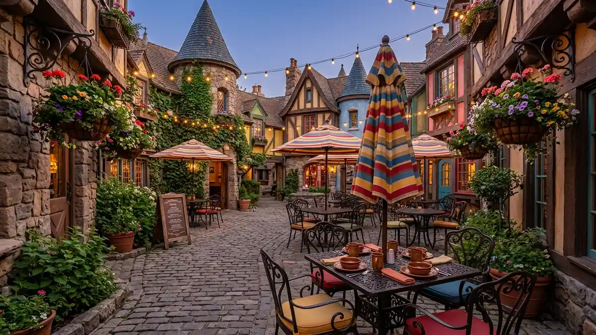 Family eating together at a Magic Kingdom restaurant with kids in princess costumes