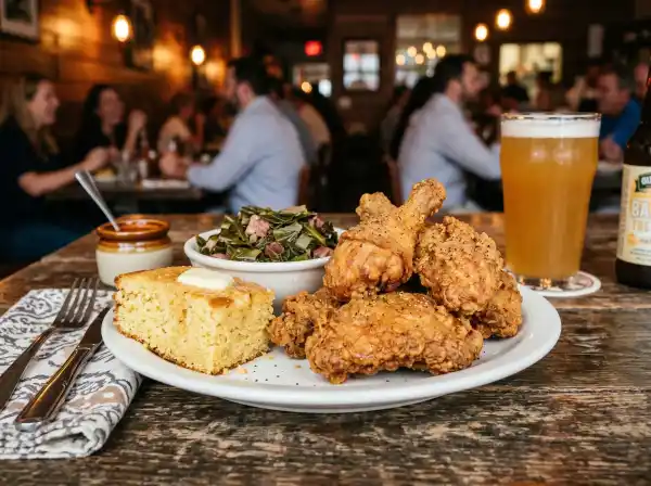 Southern comfort food plate with fried chicken and craft beer