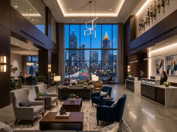 Modern hotel lobby in downtown Atlanta near Mercedes-Benz Stadium