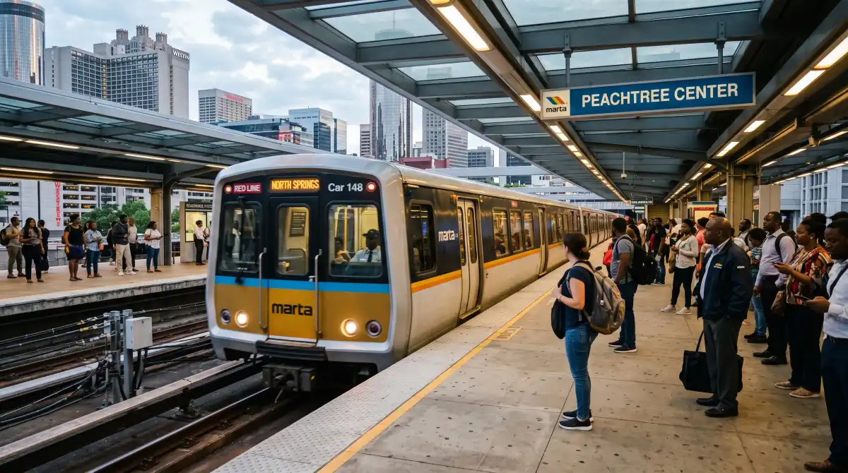 MARTA rapid transit train at a station platform in Atlanta for getting to Mercedes-Benz Stadium