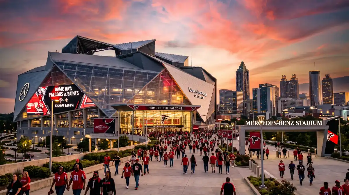 Mercedes-Benz Stadium with its distinctive pinwheel retractable roof at sunset with the Atlanta skyline in background and fans approaching the entrance