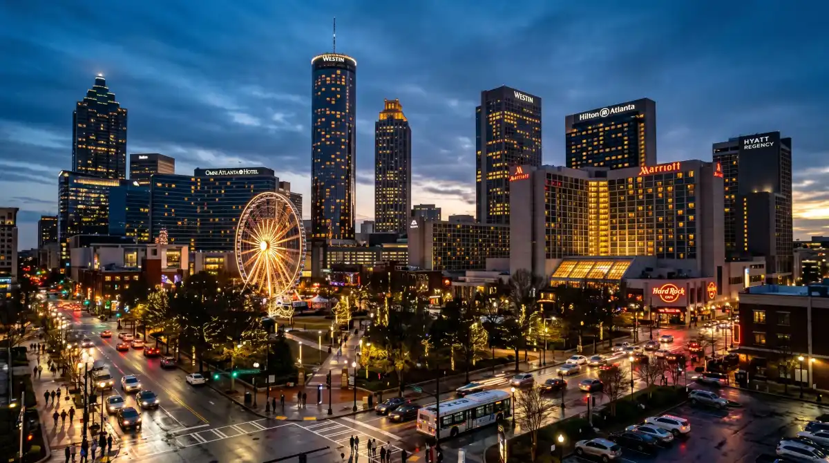 Downtown Atlanta hotels at dusk with the skyline lit up near Mercedes-Benz Stadium