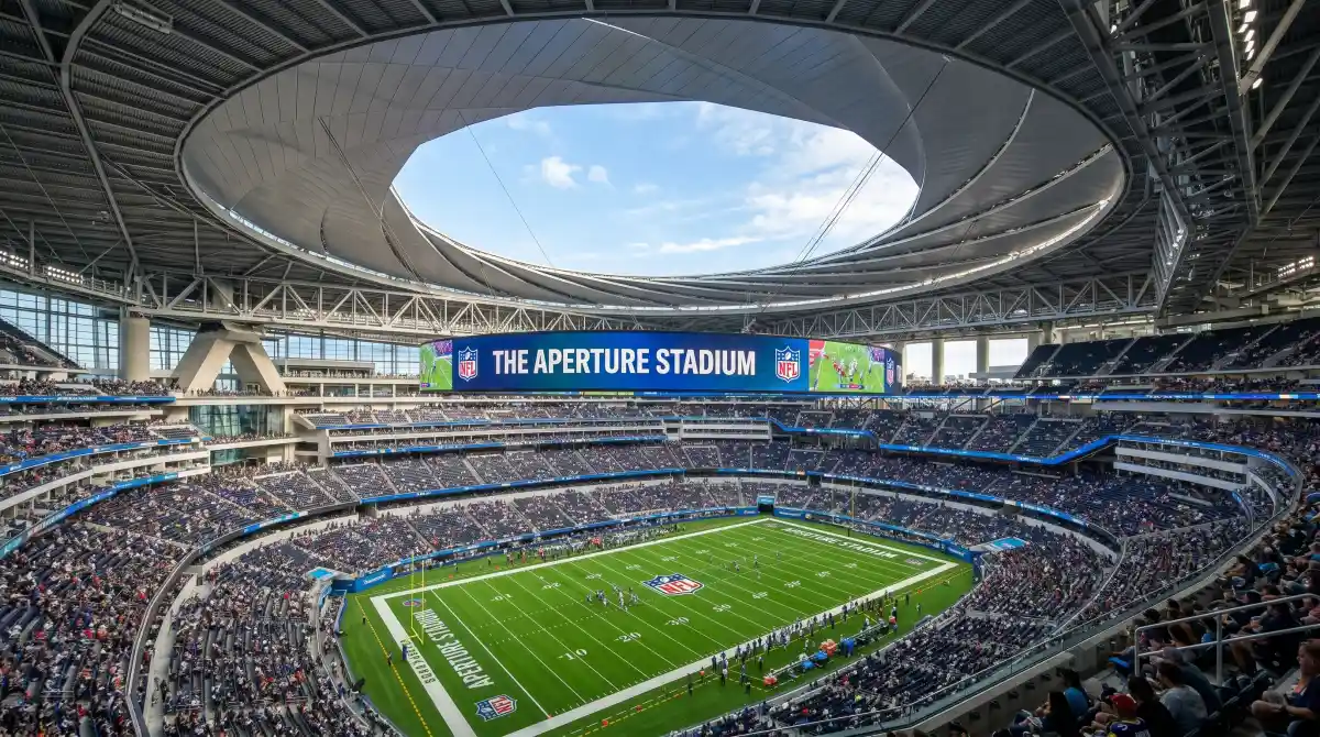 Inside Mercedes-Benz Stadium showing the aperture retractable roof and massive halo video board