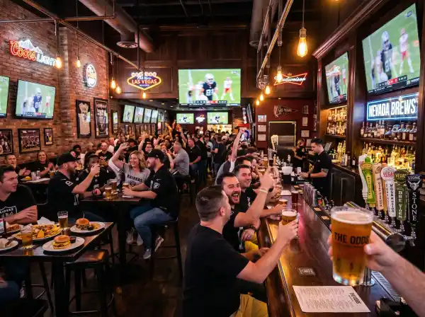 Craft beer flight at a New Jersey sports bar with NFL memorabilia on the walls