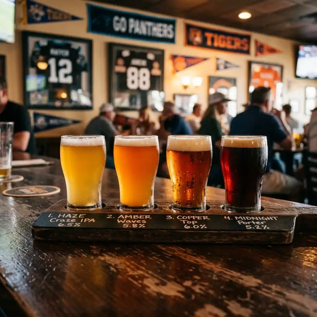 New Jersey sports bar interior with friends watching NFL games on big screens with craft beers and wings