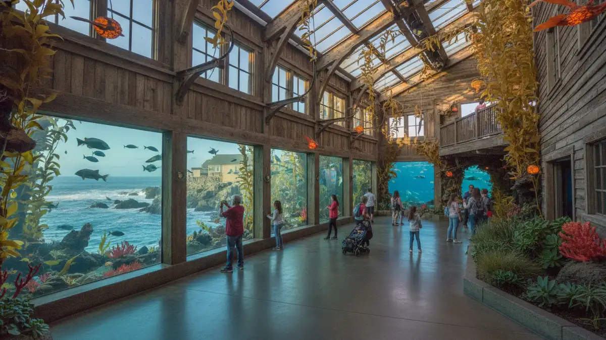 Monterey Bay Aquarium main entrance and lobby with families purchasing tickets on Cannery Row
