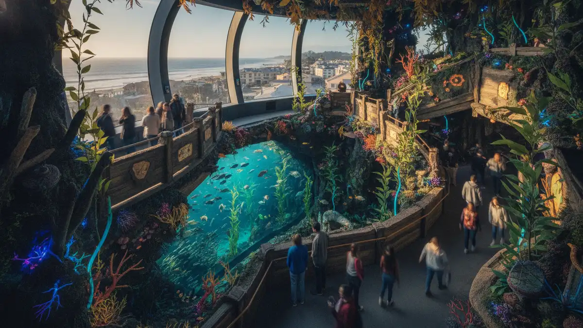 Open Sea gallery with massive viewing window and sharks at Monterey Bay Aquarium