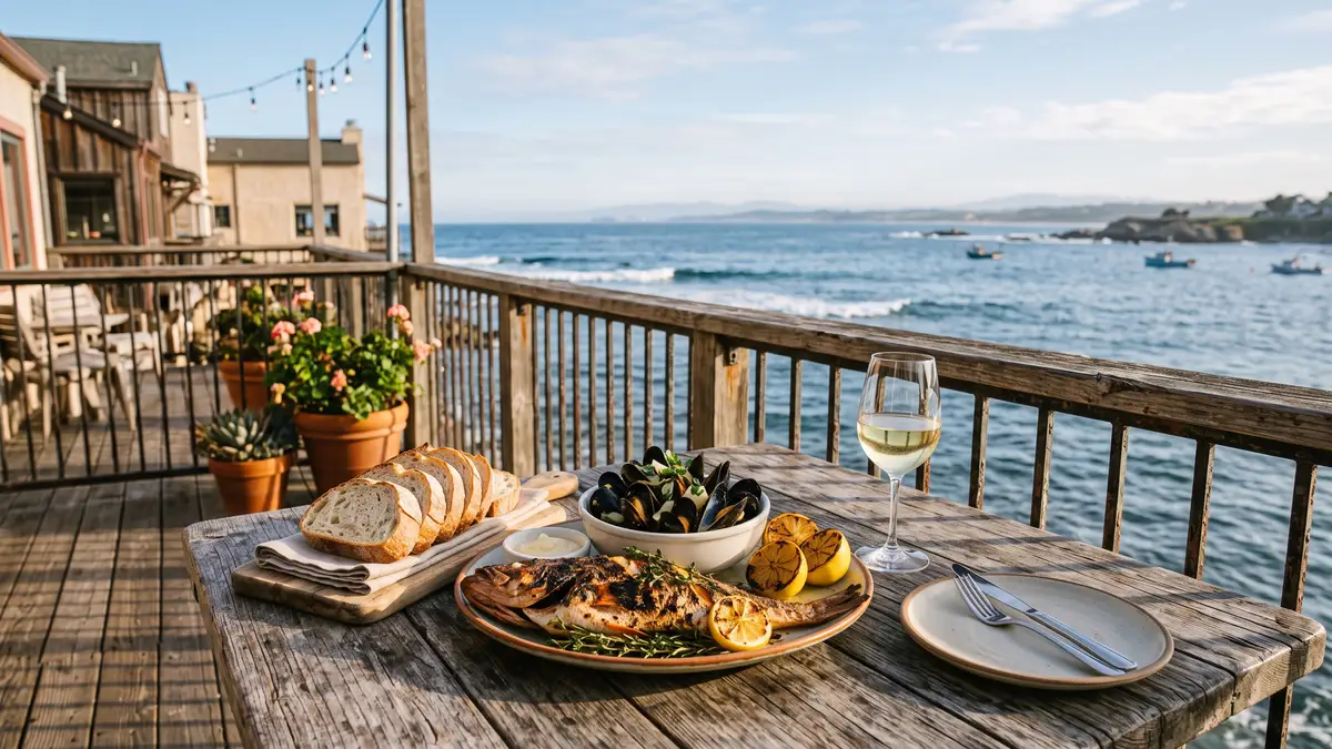 Ocean view dining terrace with families eating sustainable seafood at Monterey Bay Aquarium cafe