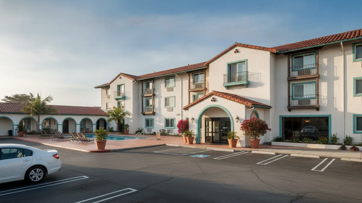 Stage Coach Lodge affordable motel exterior with parking in Monterey near Aquarium