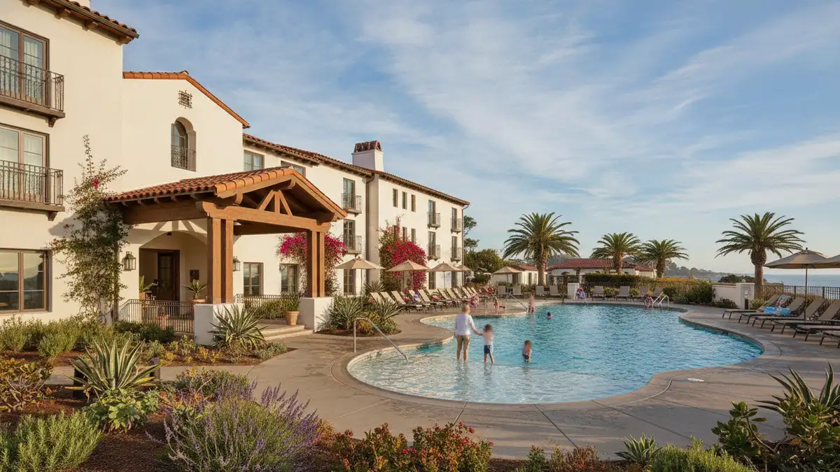 Casa Munras Garden Hotel exterior with lush gardens and family amenities in Monterey near Aquarium