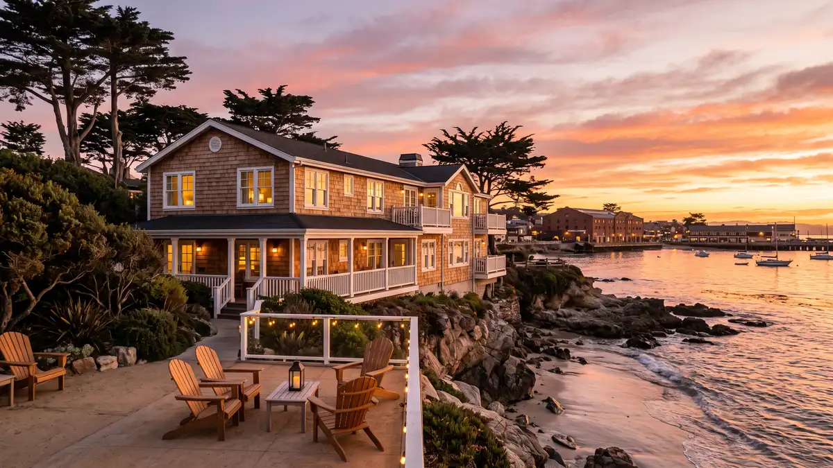 Monterey coastline hotel with ocean views and rocky shoreline near Monterey Bay Aquarium Cannery Row