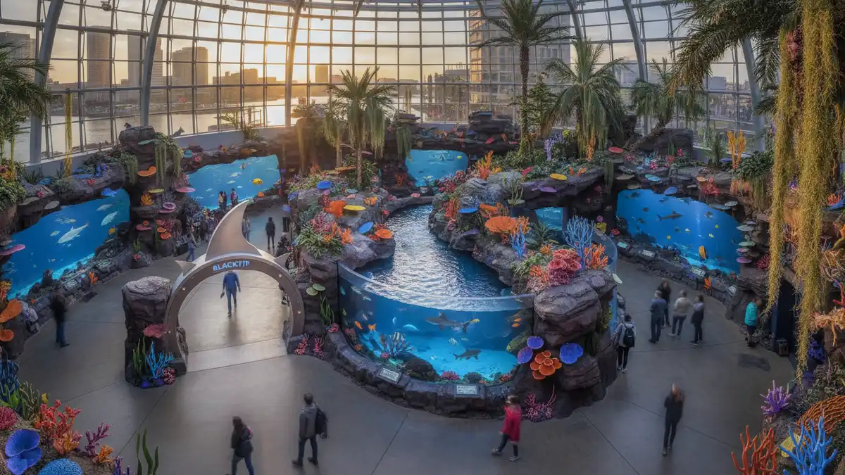 Blacktip Reef exhibit with shark swimming beneath glass walkway at National Aquarium Baltimore