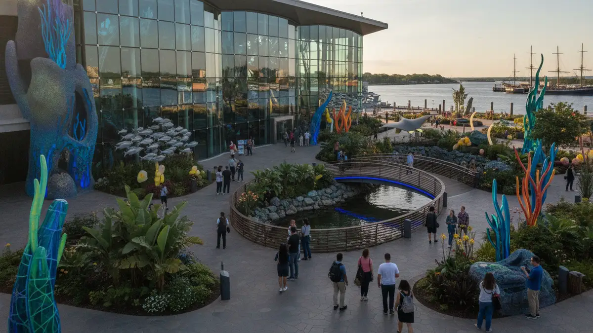 National Aquarium entrance lobby with families at ticket counters in Baltimore Inner Harbor