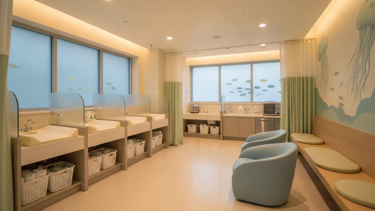 Family restroom facilities with changing station inside the National Aquarium Baltimore Inner Harbor