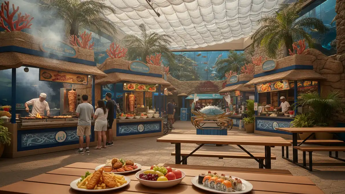 Family enjoying lunch at the aquarium cafe with harbor views inside National Aquarium Baltimore
