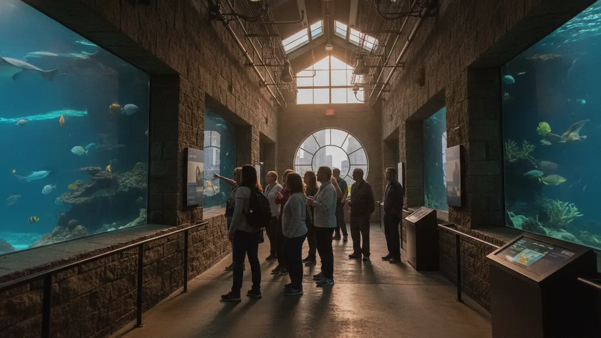 Blacktip Reef shark exhibit with massive underwater viewing window and families watching at National Aquarium Baltimore