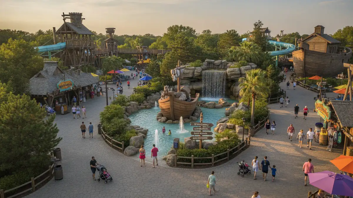 Noah's Ark Water Park entrance area and main changing building in Wisconsin Dells