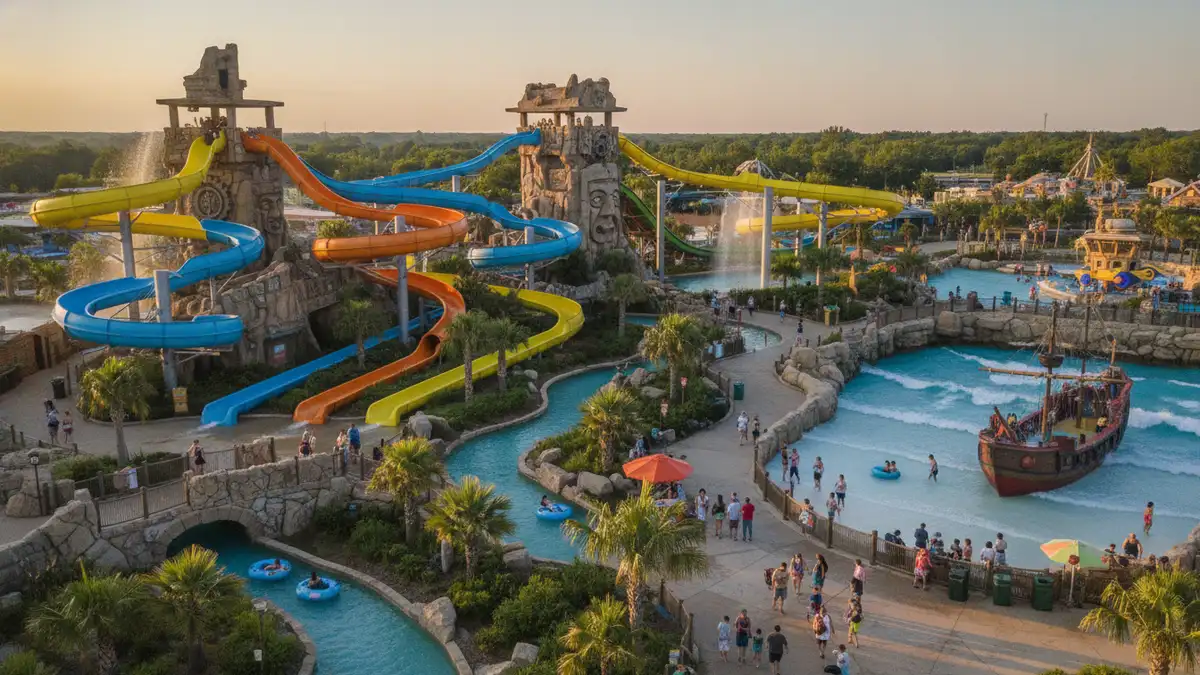 Noah's Ark Water Park thrill slide area with Scorpion's Tail and Black Anaconda in Wisconsin Dells