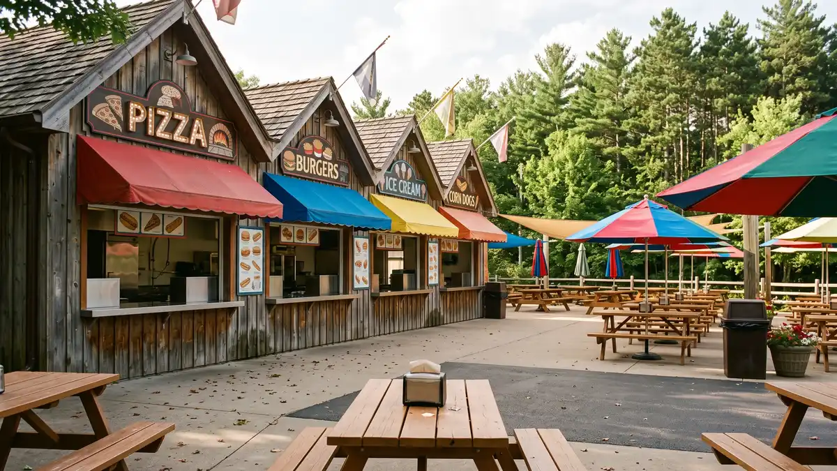 Water park dining and food options at Noah's Ark with outdoor seating and families eating in Wisconsin Dells