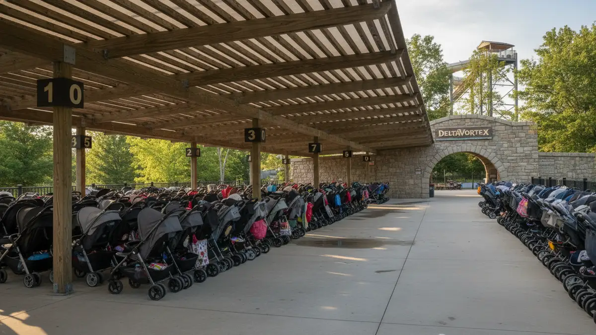 Shaded picnic area with families and coolers under Wisconsin trees at Noah's Ark Water Park