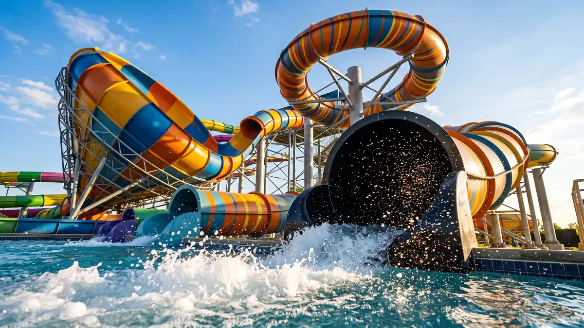 Aerial view of Noah's Ark Water Park with 51 waterslides spread across 70 acres in Wisconsin Dells