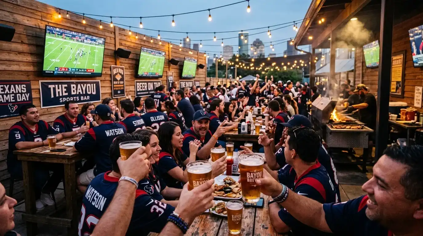 Lively Houston sports bar with TV screens showing football near NRG Stadium