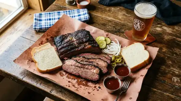 Texas BBQ brisket plate with sides and craft beer in Houston