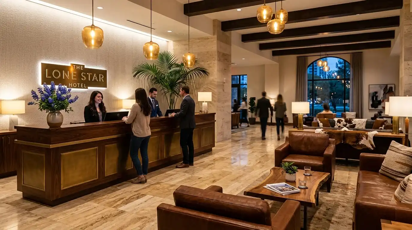 Modern hotel lobby near NRG Stadium in Houston Medical Center area