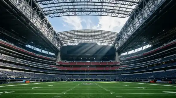Inside NRG Stadium showing the retractable roof and massive seating bowl during a Houston Texans game
