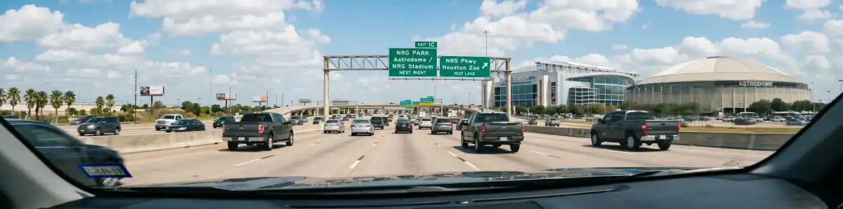 Highway approach to NRG Stadium from the 610 Loop showing the stadium and Astrodome in Houston