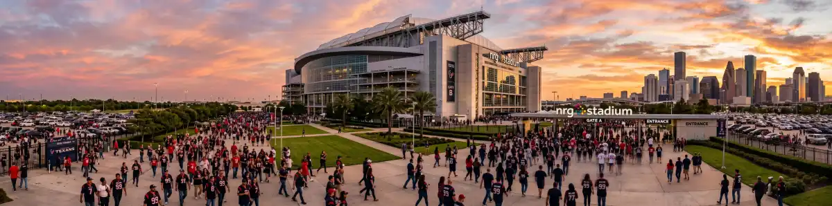 NRG Stadium exterior at sunset with the retractable roof and Houston skyline in the background, fans approaching from the NRG Park parking areas