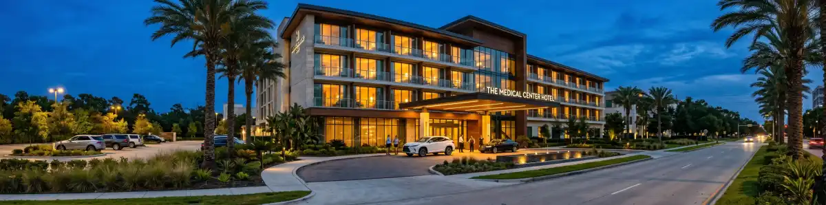 Modern hotel exterior at dusk in the Houston Medical Center area near NRG Stadium