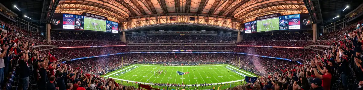 Inside NRG Stadium showing the retractable roof open during an event with a packed crowd
