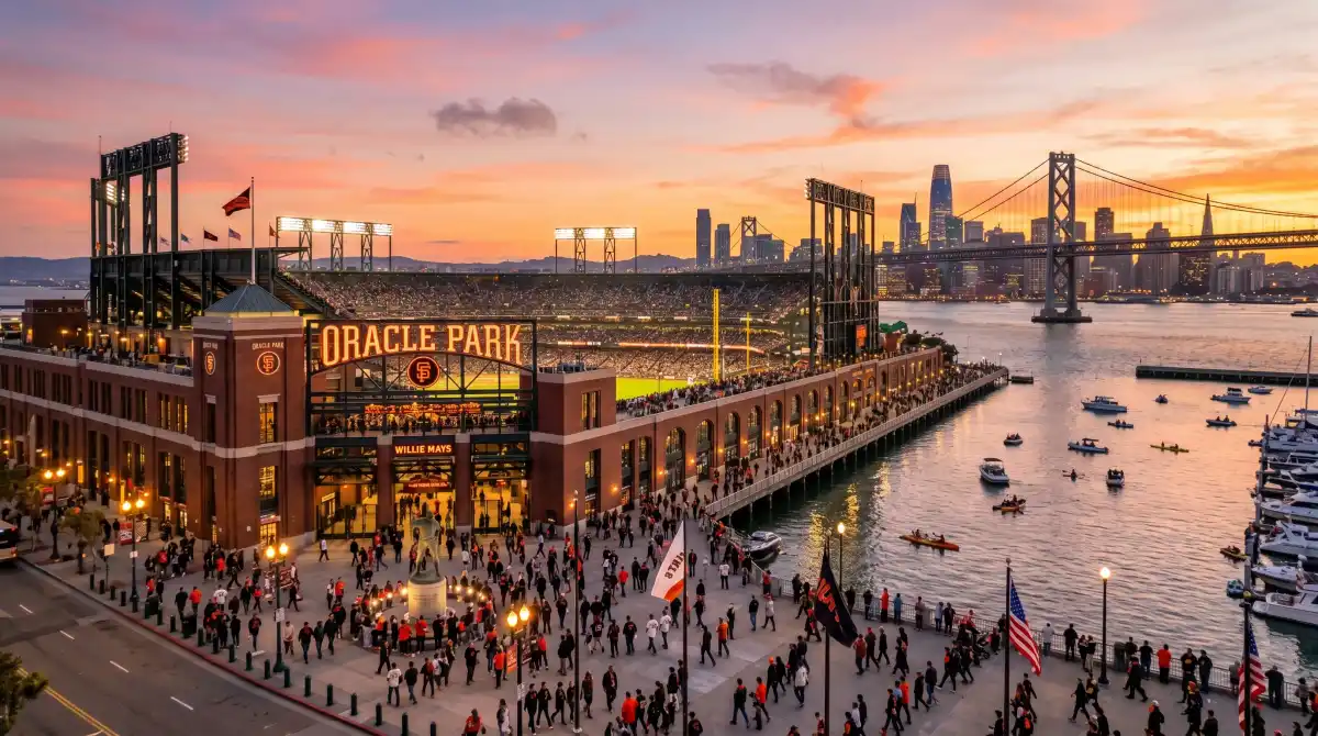 Oracle Park at sunset with Bay Bridge and San Francisco skyline visible beyond McCovey Cove, fans walking toward Willie Mays Plaza