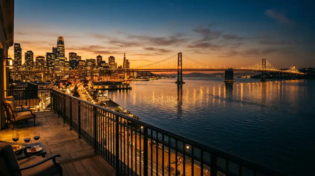San Francisco waterfront hotel view at dusk with Bay Bridge lights reflecting on the water